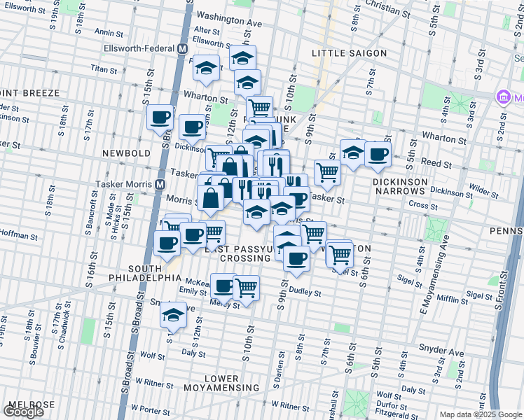 map of restaurants, bars, coffee shops, grocery stores, and more near 1005 Morris Street in Philadelphia