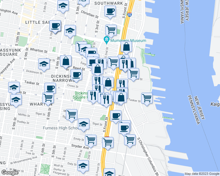 map of restaurants, bars, coffee shops, grocery stores, and more near 120 Dickinson Street in Philadelphia