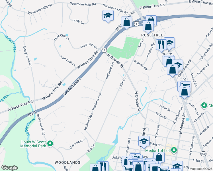 map of restaurants, bars, coffee shops, grocery stores, and more near 296 Highland Avenue in Media
