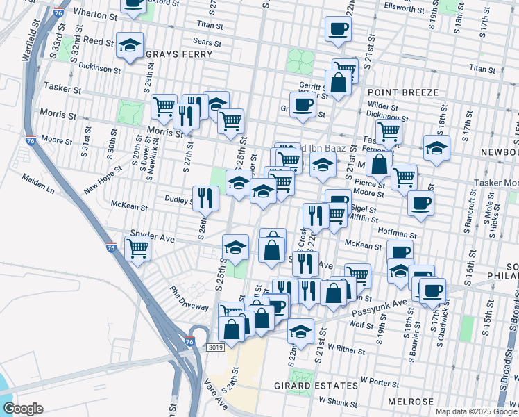 map of restaurants, bars, coffee shops, grocery stores, and more near 1916 South 24th Street in Philadelphia