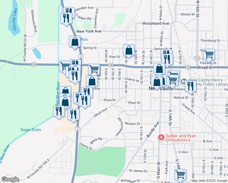 map of restaurants, bars, coffee shops, grocery stores, and more near 304 S 7th St in New Castle