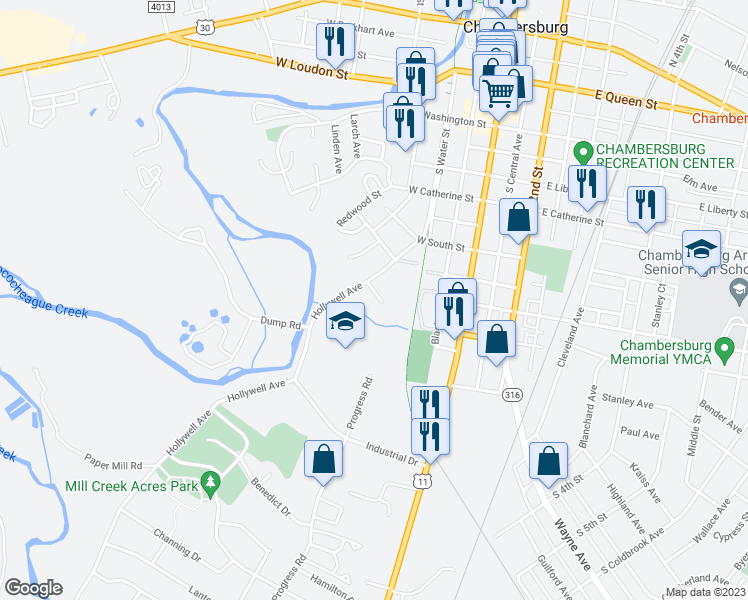 map of restaurants, bars, coffee shops, grocery stores, and more near 534 Oak Street in Chambersburg
