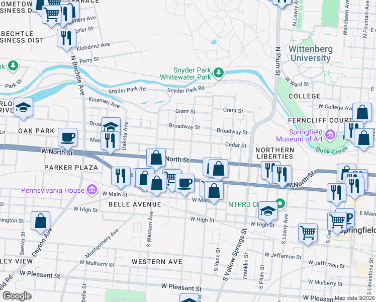 map of restaurants, bars, coffee shops, grocery stores, and more near 217 North Shaffer Street in Springfield