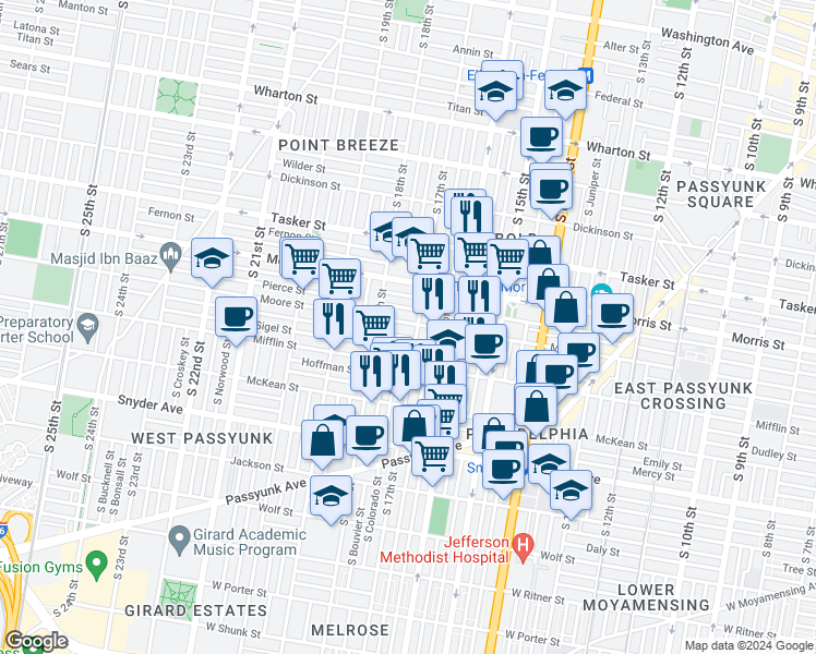 map of restaurants, bars, coffee shops, grocery stores, and more near 1708 Moore Street in Philadelphia