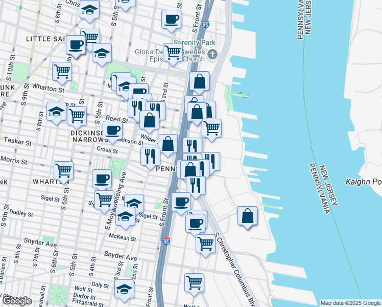 map of restaurants, bars, coffee shops, grocery stores, and more near 28 Dickinson Street in Philadelphia