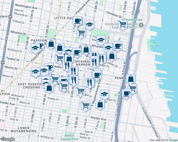 map of restaurants, bars, coffee shops, grocery stores, and more near 427 Tasker Street in Philadelphia