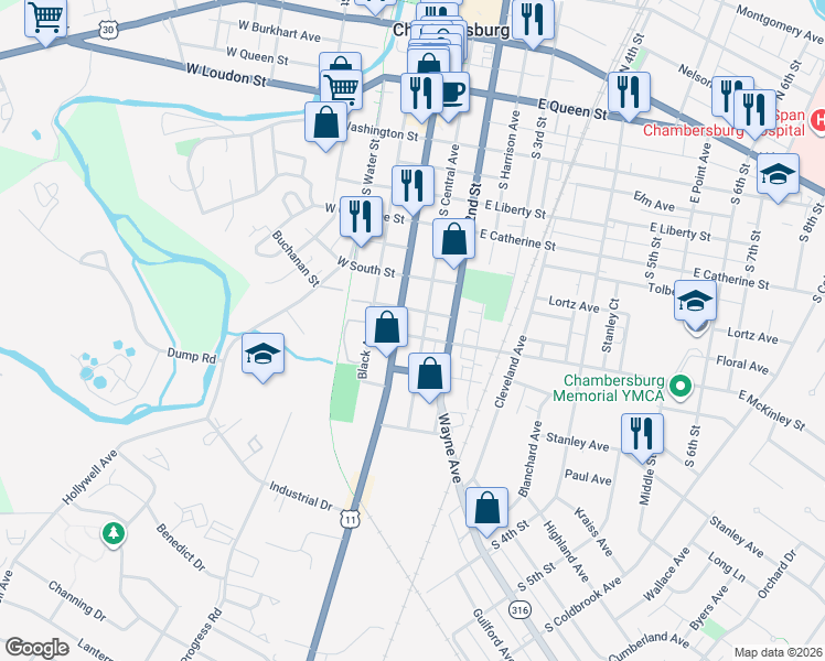 map of restaurants, bars, coffee shops, grocery stores, and more near 131 East McKinley Street in Chambersburg