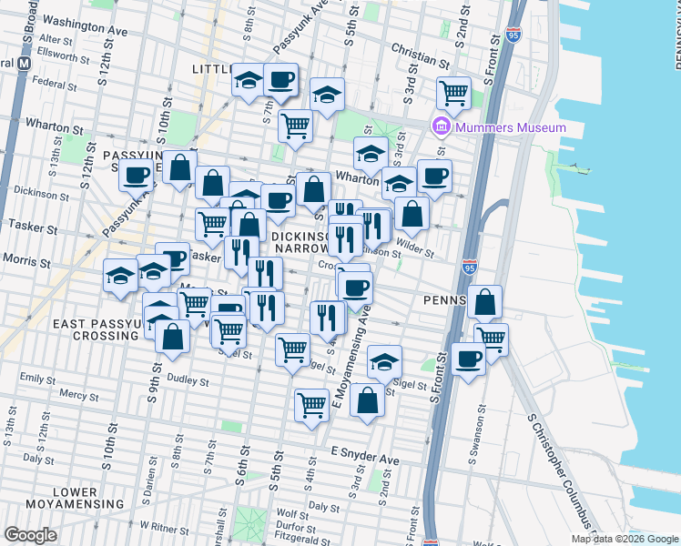 map of restaurants, bars, coffee shops, grocery stores, and more near 427 Tasker Street in Philadelphia