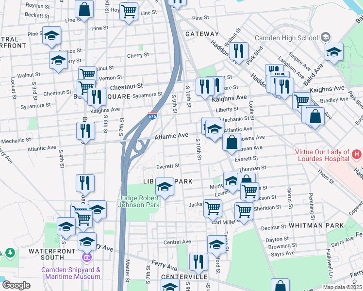 map of restaurants, bars, coffee shops, grocery stores, and more near 1452 South 9th Street in Camden