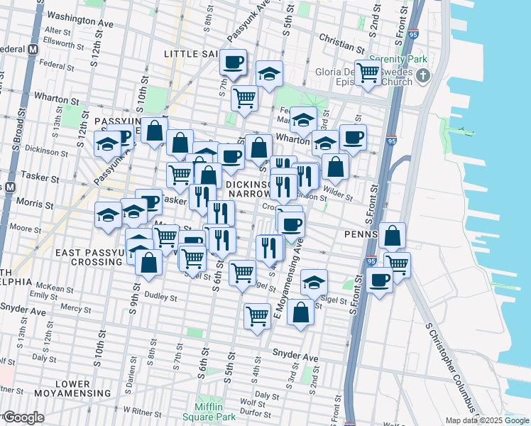 map of restaurants, bars, coffee shops, grocery stores, and more near 427 Tasker Street in Philadelphia