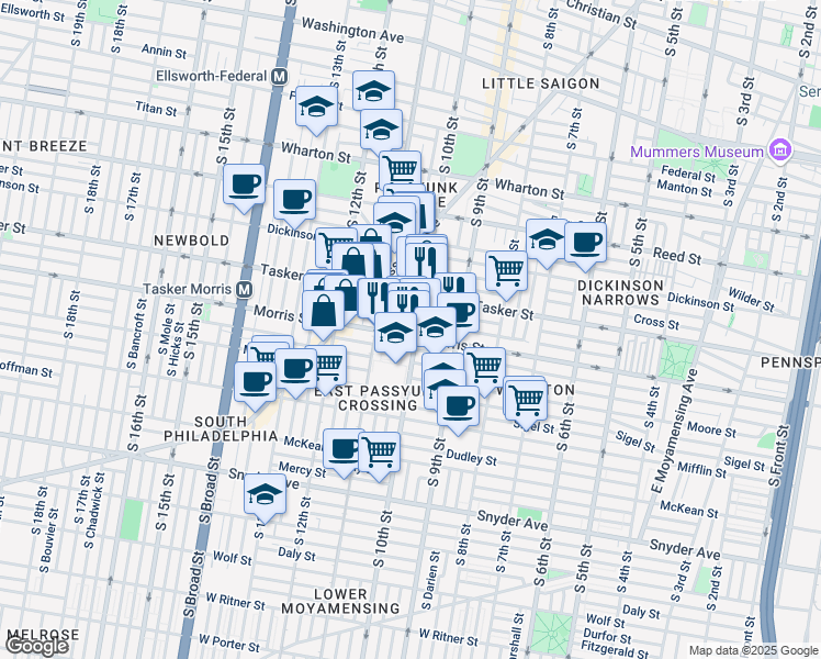 map of restaurants, bars, coffee shops, grocery stores, and more near 1640 South 10th Street in Philadelphia