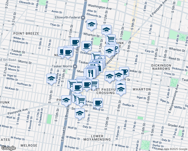 map of restaurants, bars, coffee shops, grocery stores, and more near 1737 East Passyunk Avenue in Philadelphia