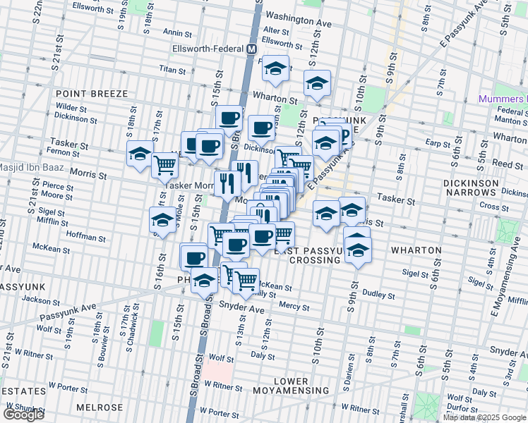map of restaurants, bars, coffee shops, grocery stores, and more near 1719 South 13th Street in Philadelphia