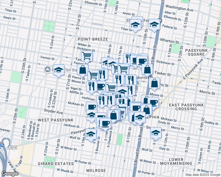 map of restaurants, bars, coffee shops, grocery stores, and more near 1804 South 17th Street in Philadelphia