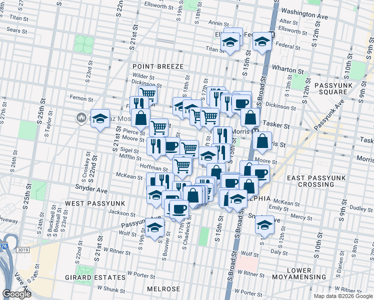 map of restaurants, bars, coffee shops, grocery stores, and more near 1804 South 17th Street in Philadelphia