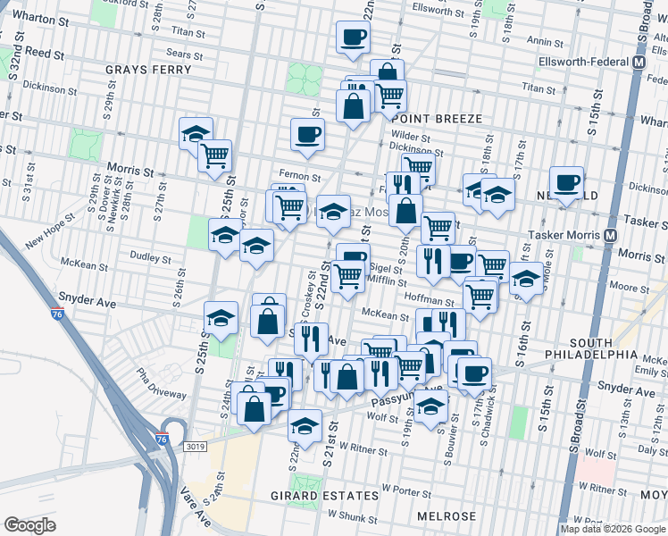 map of restaurants, bars, coffee shops, grocery stores, and more near 2129 Mifflin Street in Philadelphia