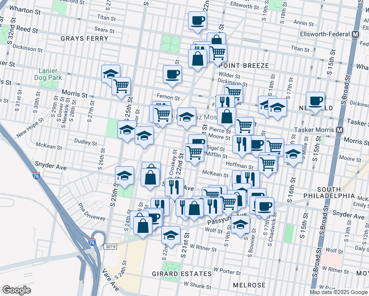 map of restaurants, bars, coffee shops, grocery stores, and more near 2129 Mifflin Street in Philadelphia