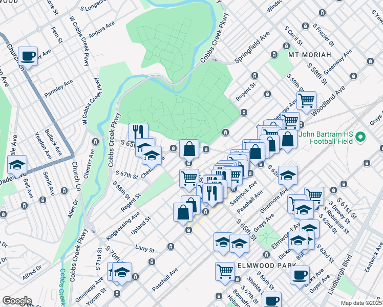 map of restaurants, bars, coffee shops, grocery stores, and more near 6332 Regent Street in Philadelphia