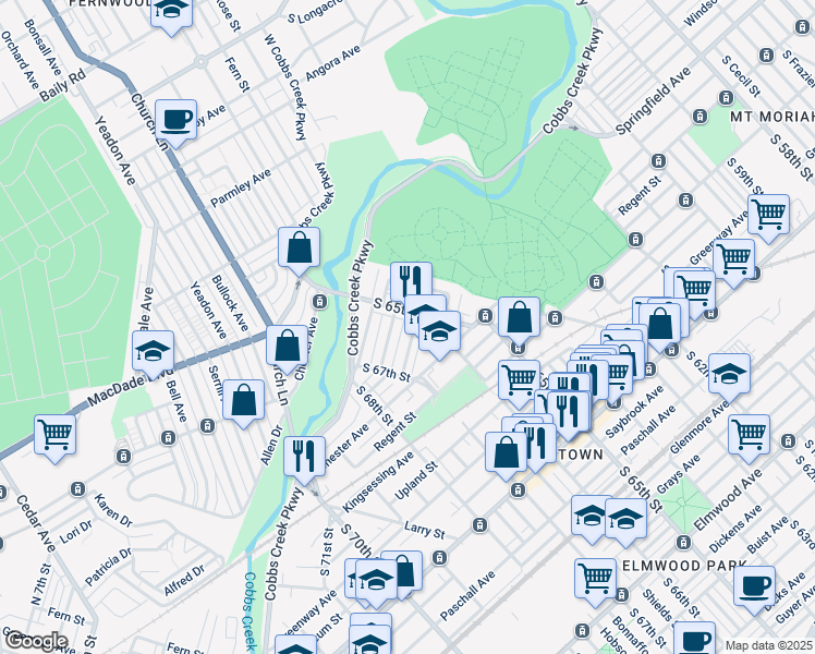 map of restaurants, bars, coffee shops, grocery stores, and more near 6521 Belmar Street in Philadelphia