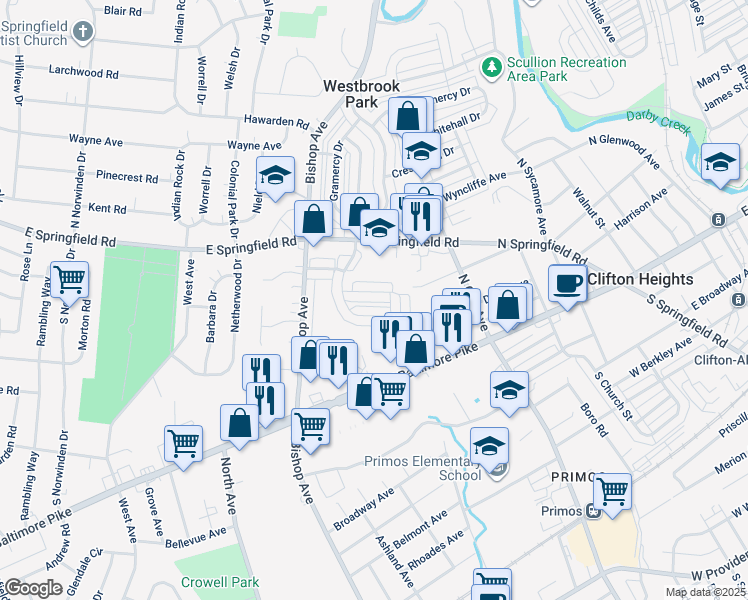 map of restaurants, bars, coffee shops, grocery stores, and more near 5210 Fairhaven Road in Clifton Heights