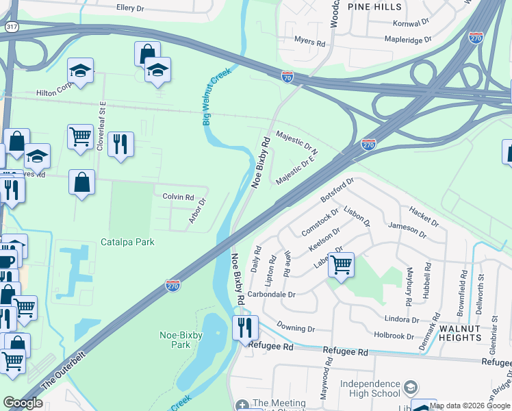 map of restaurants, bars, coffee shops, grocery stores, and more near 2342 Noe Bixby Road in Columbus