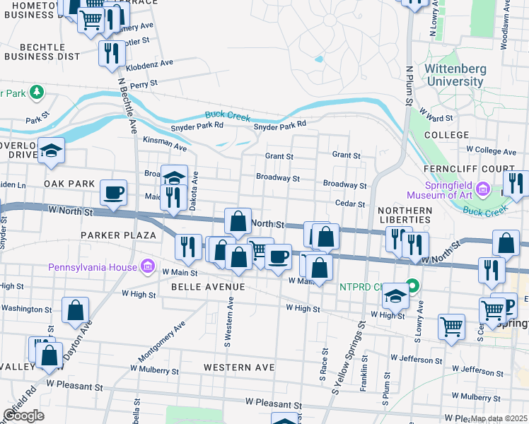 map of restaurants, bars, coffee shops, grocery stores, and more near 908 West North Street in Springfield