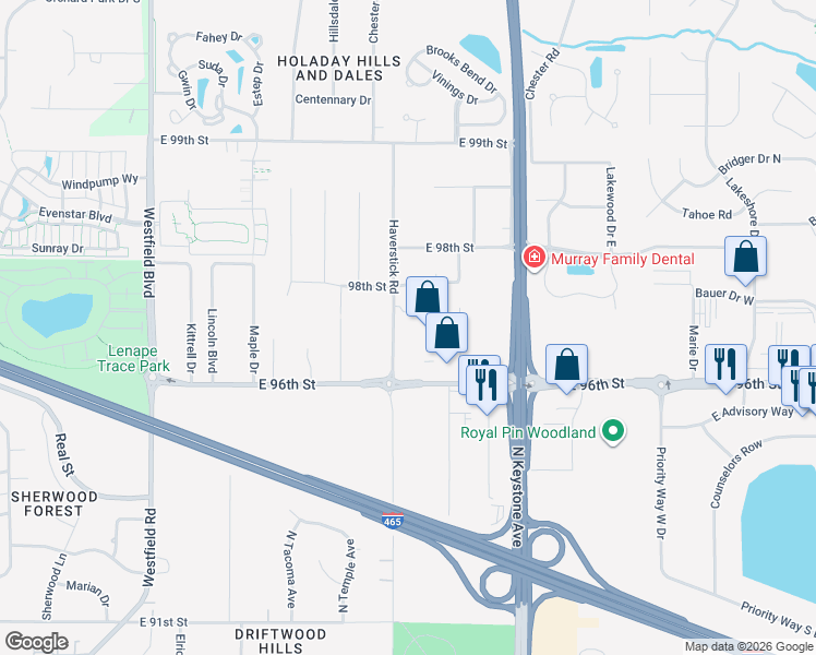 map of restaurants, bars, coffee shops, grocery stores, and more near 9661 Haverstick Road in Indianapolis