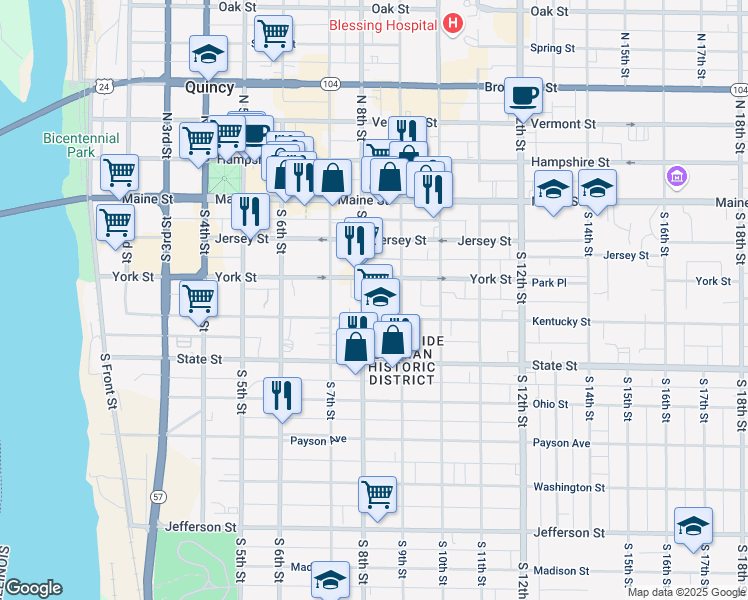map of restaurants, bars, coffee shops, grocery stores, and more near 327 South 8th Street in Quincy