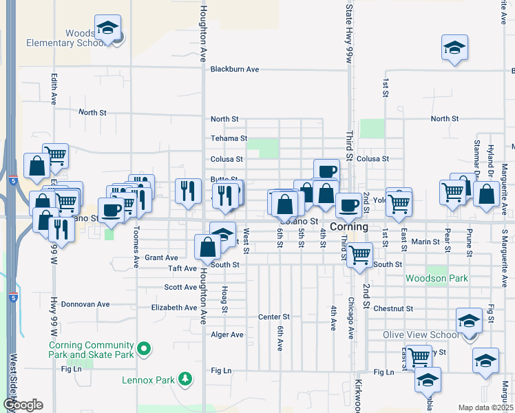 map of restaurants, bars, coffee shops, grocery stores, and more near 1427 Yolo Street in Corning