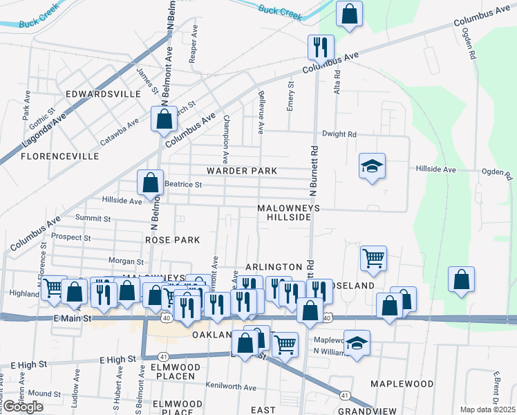 map of restaurants, bars, coffee shops, grocery stores, and more near 2399 Hillside Avenue in Springfield