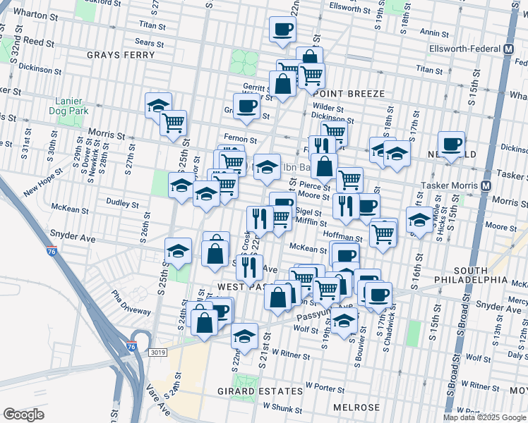 map of restaurants, bars, coffee shops, grocery stores, and more near 1841 South 22nd Street in Philadelphia