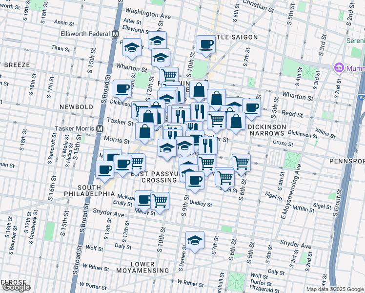 map of restaurants, bars, coffee shops, grocery stores, and more near 934 Mountain Street in Philadelphia