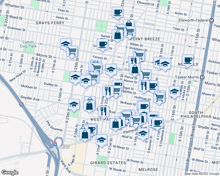 map of restaurants, bars, coffee shops, grocery stores, and more near 1841 South 22nd Street in Philadelphia