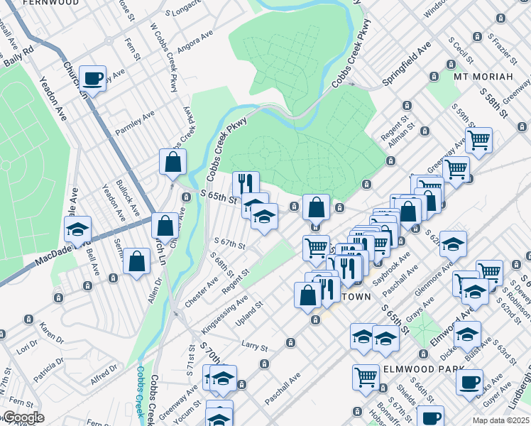 map of restaurants, bars, coffee shops, grocery stores, and more near 1834 South 65th Street in Philadelphia