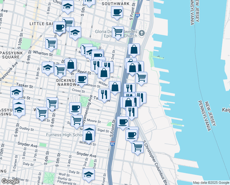 map of restaurants, bars, coffee shops, grocery stores, and more near 120 Dickinson Street in Philadelphia