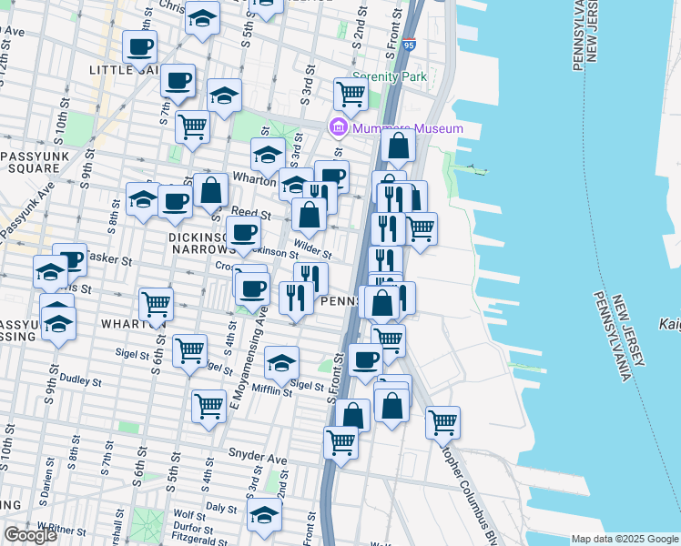 map of restaurants, bars, coffee shops, grocery stores, and more near 120 Dickinson Street in Philadelphia