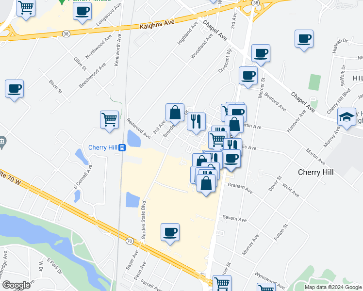 map of restaurants, bars, coffee shops, grocery stores, and more near 4105 Lexington Court in Cherry Hill