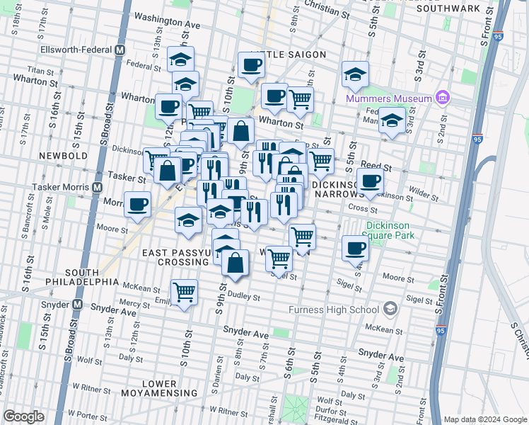 map of restaurants, bars, coffee shops, grocery stores, and more near 1621 South 8th Street in Philadelphia