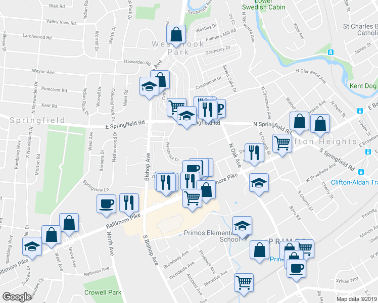 map of restaurants, bars, coffee shops, grocery stores, and more near 5204 Fairhaven Road in Clifton Heights