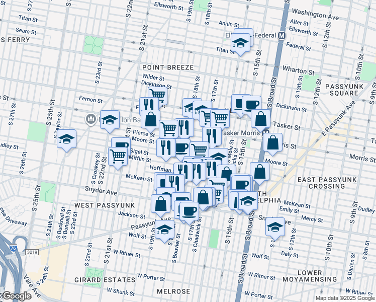 map of restaurants, bars, coffee shops, grocery stores, and more near 1807 South 18th Street in Philadelphia