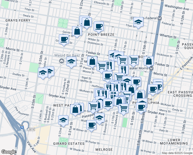 map of restaurants, bars, coffee shops, grocery stores, and more near 1922 McClellan Street in Philadelphia