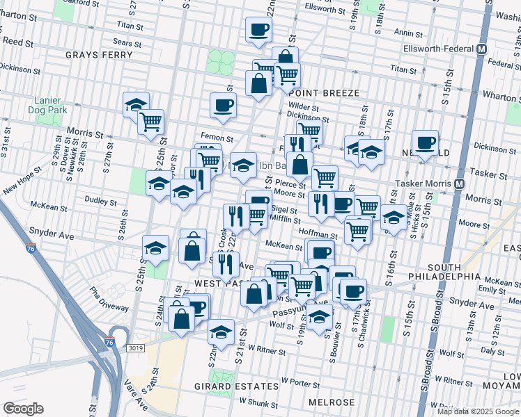 map of restaurants, bars, coffee shops, grocery stores, and more near 1830 South 21st Street in Philadelphia