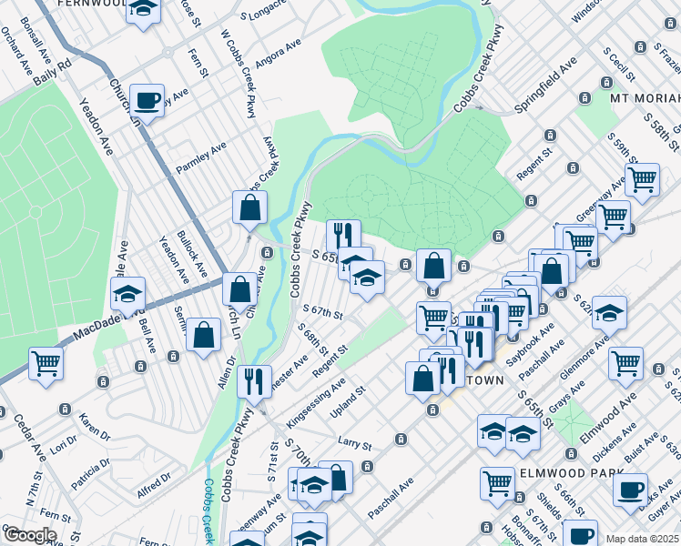 map of restaurants, bars, coffee shops, grocery stores, and more near 6521 Belmar Street in Philadelphia
