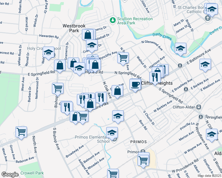 map of restaurants, bars, coffee shops, grocery stores, and more near 281 Davis Avenue in Clifton Heights