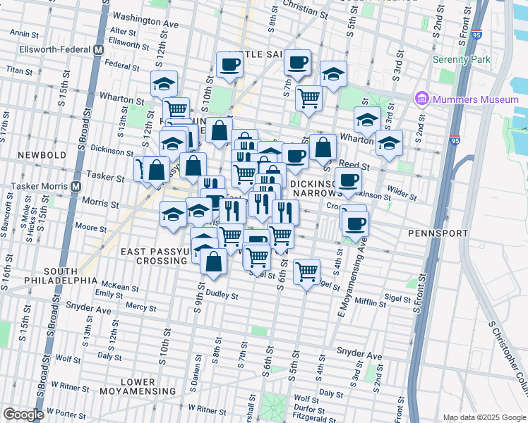 map of restaurants, bars, coffee shops, grocery stores, and more near 1612 South 7th Street in Philadelphia