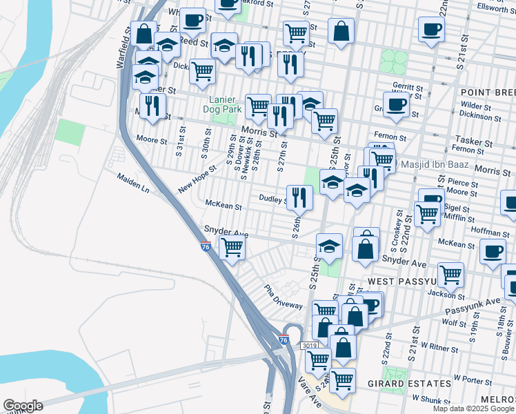 map of restaurants, bars, coffee shops, grocery stores, and more near 2729 McKean Street in Philadelphia