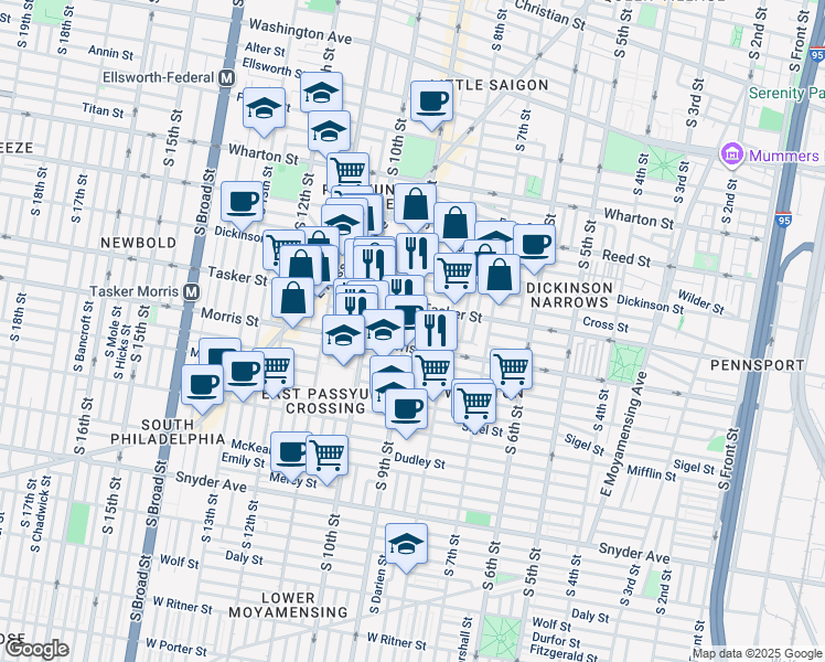 map of restaurants, bars, coffee shops, grocery stores, and more near 1623 South 9th Street in Philadelphia