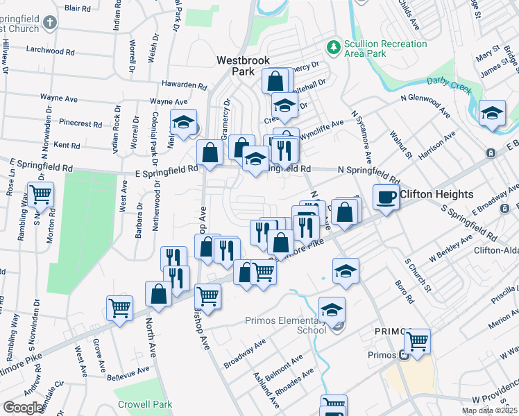 map of restaurants, bars, coffee shops, grocery stores, and more near 5204 Fairhaven Road in Clifton Heights