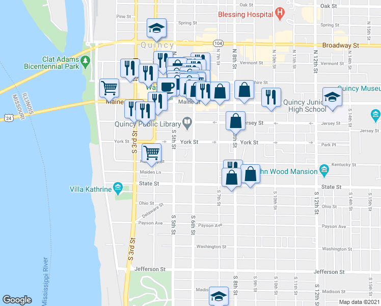 map of restaurants, bars, coffee shops, grocery stores, and more near 330 South 6th Street in Quincy