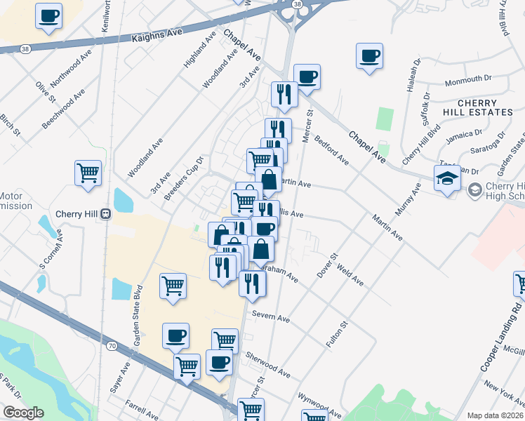 map of restaurants, bars, coffee shops, grocery stores, and more near 803 Haddonfield Road in Cherry Hill